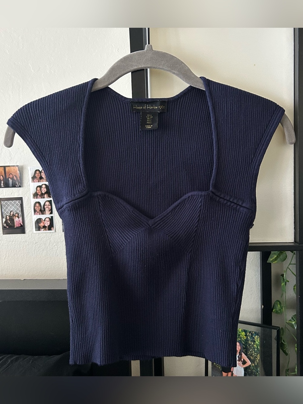 House of Harlow 1960 Navy Ribbed Sweetheart-Neck Tank